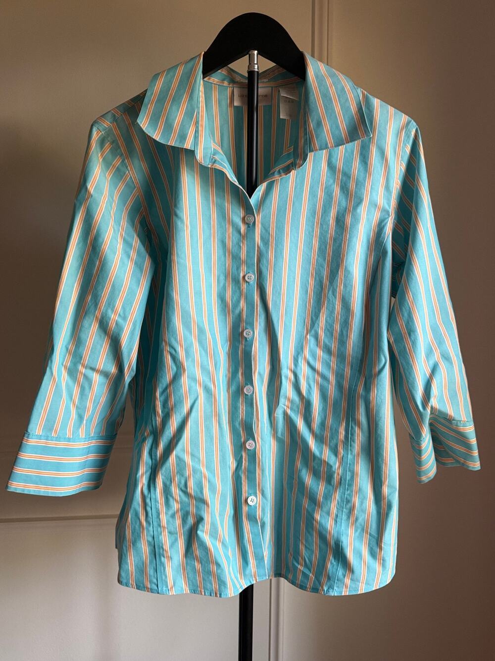 Liz Claiborne Non-Iron Striped Button Front Shirt Women’s 14 Blue Cotton 3/4